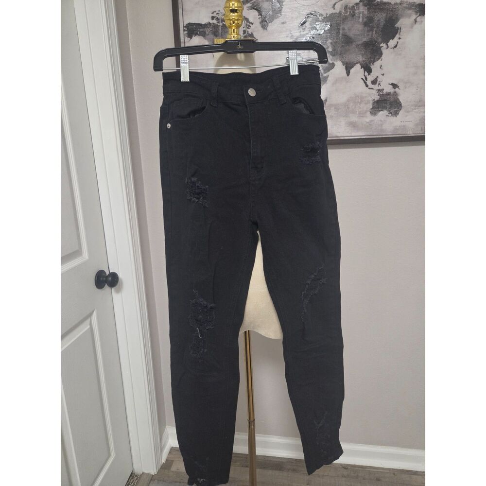 High Waist Ripped Boyfriend black distressed jeans